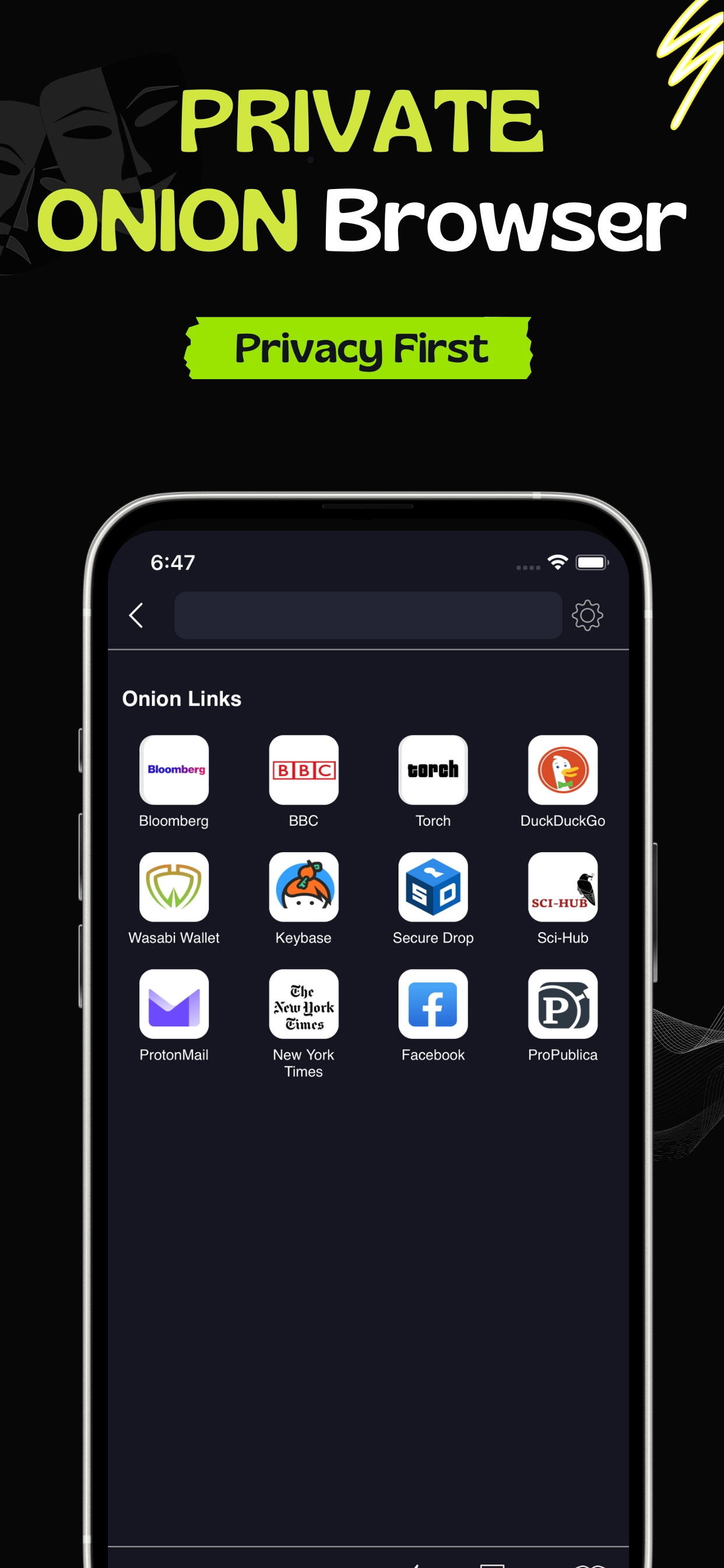 Onion Browser home screen showing curated onion directory